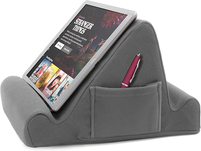 Brookstone Tablet Lap Cushion - Tablet and Phone Holder for Bed, Flights, and Travel, Two Angled Memory Foam Lap Desk for Reading and Hands Free Viewing, Compatible iPad and Kindle Accessories, Grey