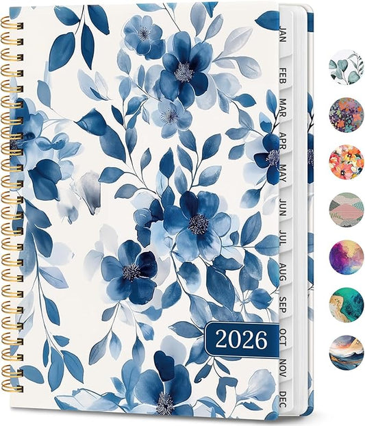 2026 Planner, Weekly and Monthly Calendar Planner Book, January 2026 - December 2026, Hardcover Spiral Planner with Monthly Tabs, Notes Pages, Perfect for Women & Men, A5 (6.4" x 8.5") - Blue Floral
