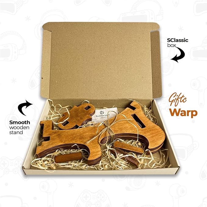 Wooden Controller Stand - Dual Game Controller Holder, Headphone Hanger and Phone Stand - Universal Gaming Acessories and Gamer Gift - Portable Headset Storage Organizer