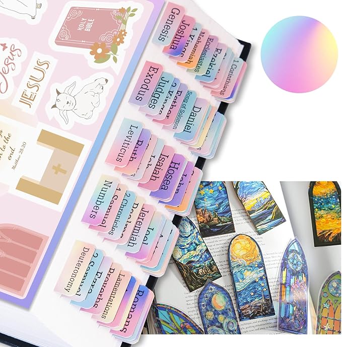 Bible Tabs with Unique Stickers, Laminated Bible Tabs for Women & Men, Christian Gifts, Large Print Bible Tabs for Easy Navigation, Bible Book Index Tabs Labels, Bible Study Supplies, Rainbow SQ5