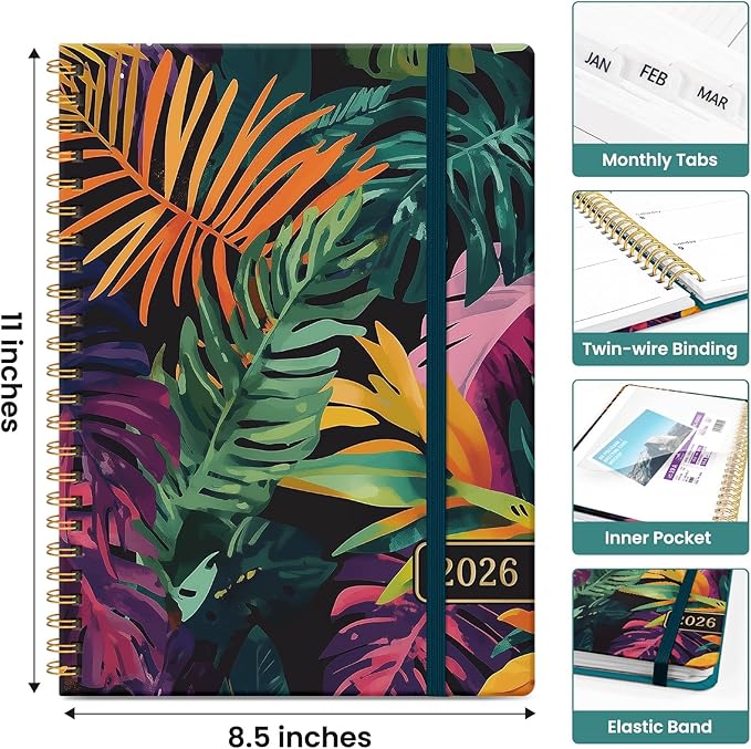 2026 Planner, Aesthetic Weekly and Monthly Planner for Women, Jan 2026 to Dec 2026, Hardcover 2026 Calendar Book with Monthly Tabs, Inner Pocket, Perfect for Office Home School - A4 (8.5" x 11"), Tropical Palms