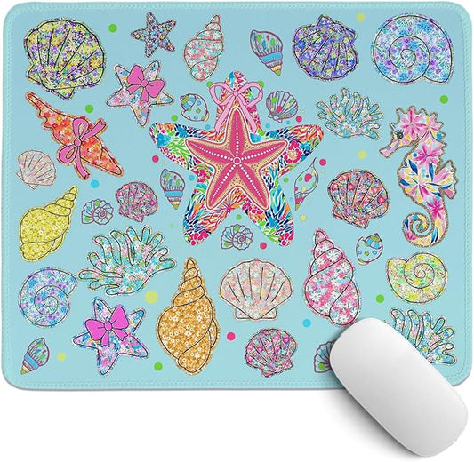 Wildflower Seashell Clam Summer Mouse Pad,Blue Coastal Beach Mouse Pad,Ocean Seahorse Starfish Desk Mat,Girly Summer Desk Pads for Dorm Home Office Desktop Decor,11.8x9.8 Inch