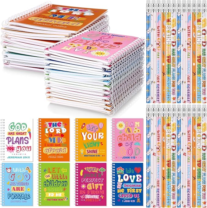 Crtiin Easter 48 Pcs Include 24 Bible Verse Notepad 24 Pencils Kids Christian Church Gifts Students Classroom Award Religious Notebook Bible Pencils Prayer Pocket School(Colorful Jesus,Eclectic)