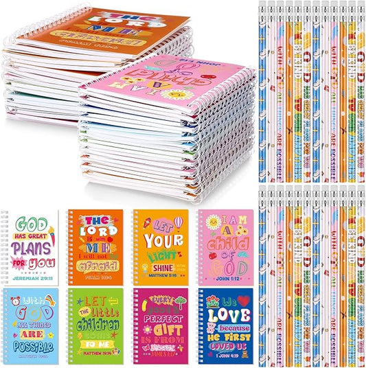 Crtiin Easter 48 Pcs Include 24 Bible Verse Notepad 24 Pencils Kids Christian Church Gifts Students Classroom Award Religious Notebook Bible Pencils Prayer Pocket School(Colorful Jesus,Eclectic)