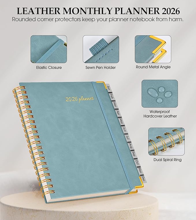 2026 Planner, Weekly and Monthly Calendar Planner from January 2026 - December 2026, 8.5" x 11" Hardcover Leather Hourly Appointment Book with Tabs, Spiral Daily Planners for College School Work Home,Blue