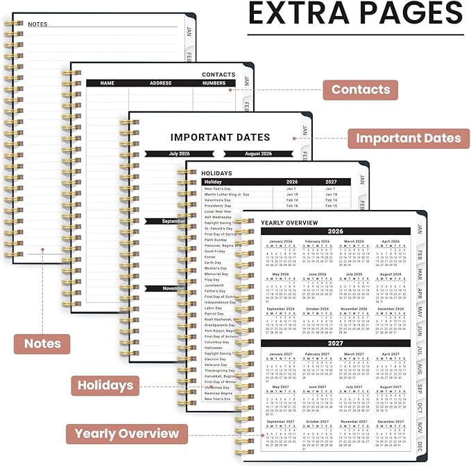 2026 Planner, Weekly and Monthly Planner for Women, January 2026 to December 2026, Pretty Hardcover 2026 Calendar Planner Book with Tabs, Inner Pocket, Spiral Bound, Perfect Office Home School Supplies - 6.3" x 8.5", Painted Poppies
