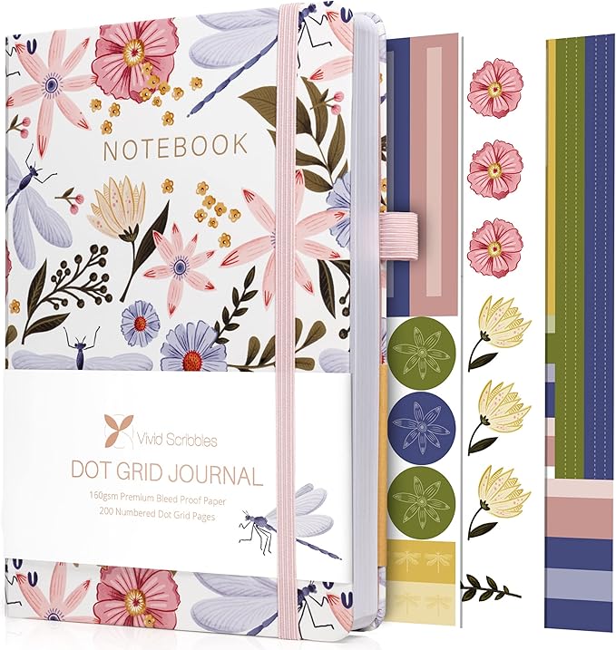 VIVID SCRIBBLES Dotted Journal – 160gsm No Bleed Thick White Paper – 200 Numbered Dot Grid Pages – a5 Bullet Dotted Notebooks Includes a Gift Box and Journal Stickers