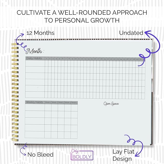 Habit Tracker & Goal Planner with Mood & Savings Trackers (8.75" x 11.25") - Undated Weekly & Monthly Habit Tracking - Goal Setting Journal - Spiral Binding with Modern Black Aesthetic Design