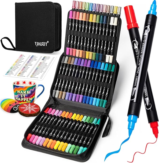 TANMIT 60 Colors Acrylic Paint Pens, Dual Tip Acrylic Paint Markers with Brush Tip and Fine Tip, Acrylic Pens for Rock Painting, Wood, Canvas, Stone, Glass, Ceramic,DIY Crafts Making Art Supplies