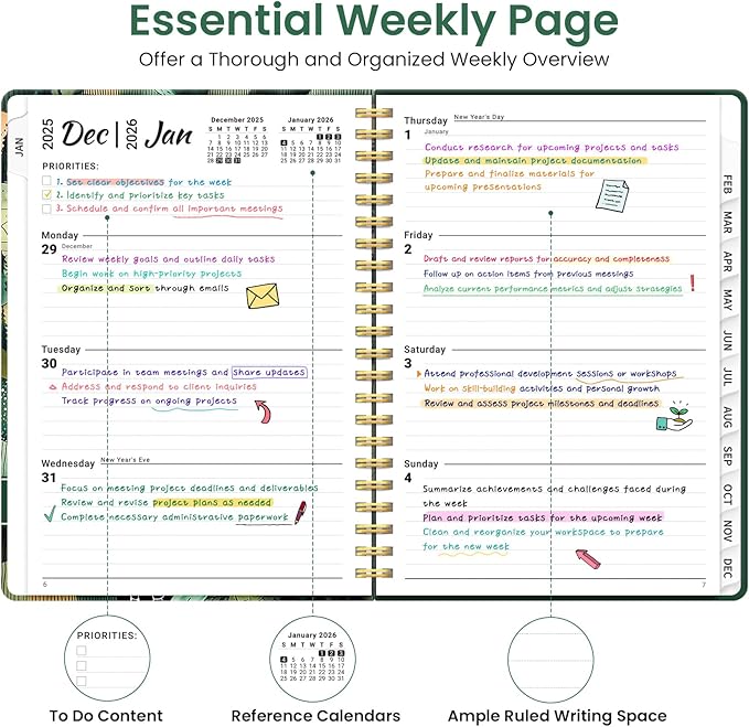 2026 Planner, Weekly and Monthly Planner for Women, January 2026 to December 2026, Pretty Hardcover 2026 Calendar Planner Book with Tabs, Inner Pocket, Spiral Bound, Perfect Office Home School Supplies - 6.3" x 8.5", River Valley