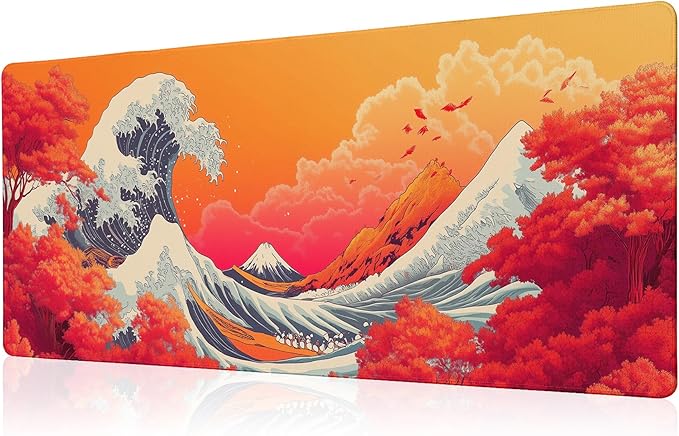 Japanese Sea Wave Mouse Pad Red Desk Mat XL Mouse Gaming Pads, Sea Keyboard Pads Extra Large Desktop Computer Mats with Non-Slip Base & Stitched Edges, Vintage Office Decor 31.5x11.8