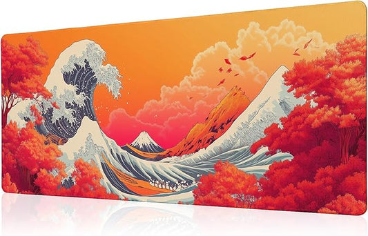 Japanese Sea Wave Mouse Pad Red Desk Mat XL Mouse Gaming Pads, Sea Keyboard Pads Extra Large Desktop Computer Mats with Non-Slip Base & Stitched Edges, Vintage Office Decor 31.5x11.8