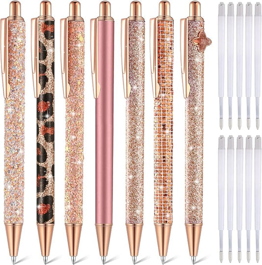 Sherr 7 Pcs Fancy Pens for Women Cute Sparkly Glitter Pens with 10 Pcs Black Ink Refills Pretty Gifts for Girls Office School Christmas Graduation(Elegant)