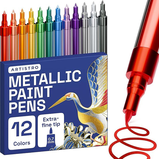 ARTISTRO 12 Metallic Paint Pens for Glass Marking, Rock Painting, Ceramic, Wood, Fabric, Scrapbooking, DIY Craft Making, Coloring - Acrylic Paint Markers Extra-Fine Tip 0.7mm