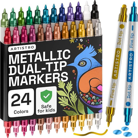 ARTISTRO 24 Metallic Acrylic Paint Markers for Rock, Fabric, Wood, Glass, Decoration - Dual-Tip Paint Pens for Coloring Books for Adults, Teens, Kids - Art and Craft Supplies Kit - Gift Idea