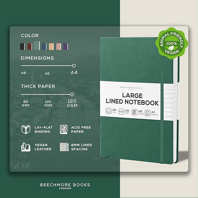 BEECHMORE BOOKS Large Lined Journal Notebook, 8.5" x 11.5" (A4) Hardcover Vegan Leather Executive Diary for Work, Thick 120gsm Paper, Lay-Flat Binding, Gift Box