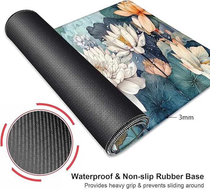 Aesthetic Lotus Flower Large Mouse Pad, Desk Mat Computer Keyboard Pad Non-Slip Rubber Base Waterproof with Stitched Edges for Laptop Gaming, Office & Home 31.5 x 11.8 Inch