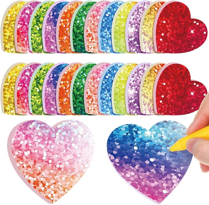 Teling 24 Pack Valentine's Day Sticky Notes Heart Shape Sticky Notes 3 x 3 Inch Sequins Notepads Bulk Cute Memo Pads for Galentines Party Gifts School Office Supplies (Bright)