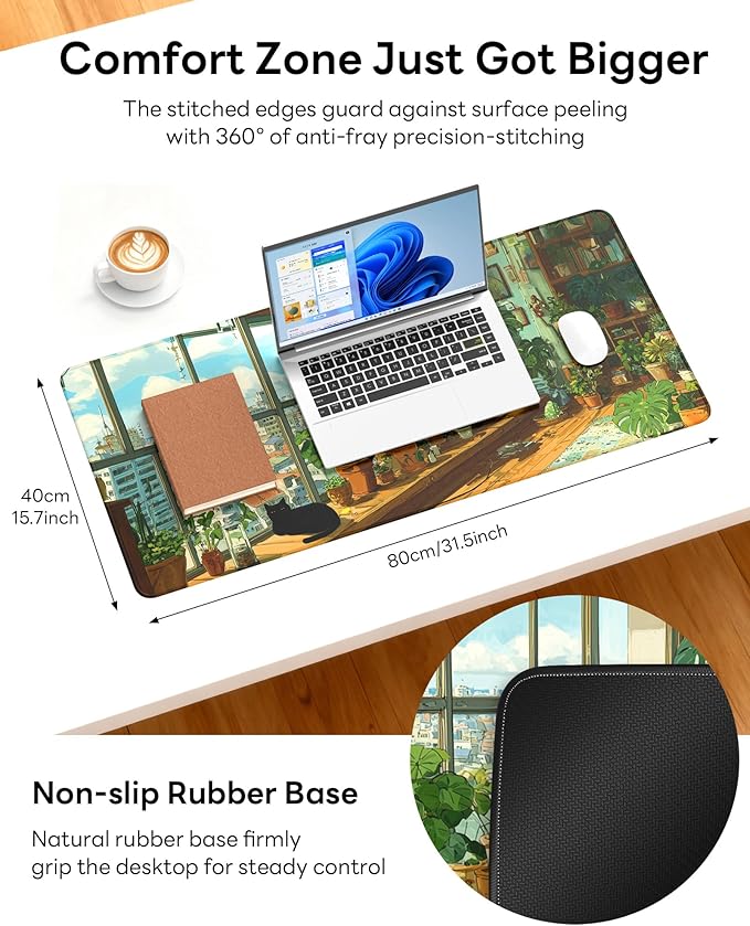 XL Gaming Mouse Pad, 31.5x17.5'' Large Desk Mat with Anti-Slip Rubber Base & Stitched Edges for Gaming, Office, Home - Greeny Cottage