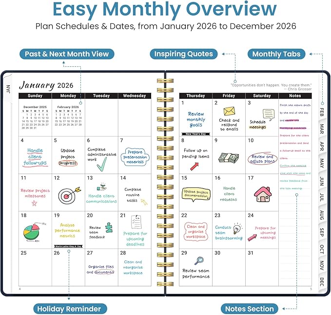 2026 Planner, Weekly and Monthly Planner for Women, January 2026 to December 2026, Pretty Hardcover 2026 Calendar Planner Book with Tabs, Inner Pocket, Spiral Bound, Perfect Office Home School Supplies - 6.3" x 8.5", Golden Butterfly