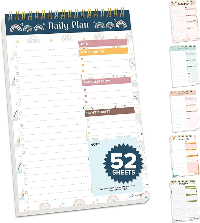 Decorably 52 Sheets Boho Rainbow Undated Daily Planner Notepad, 6.5x10in Spring-Bound, Easy Tear-Off Design, with to-do List, Priorities, Checklist, Agenda, Reminders, Notes - Home, School, Office