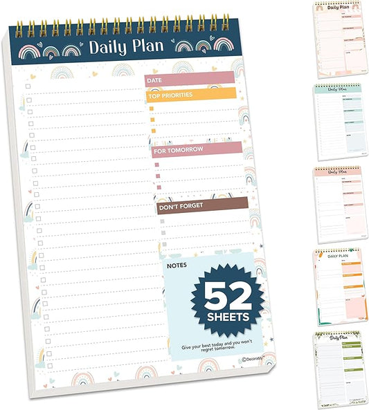 Decorably 52 Sheets Boho Rainbow Undated Daily Planner Notepad, 6.5x10in Spring-Bound, Easy Tear-Off Design, with to-do List, Priorities, Checklist, Agenda, Reminders, Notes - Home, School, Office