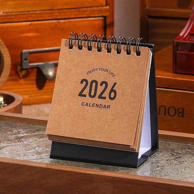 Mini Desk Calendar 2026-2027- Small Desktop Calendar January 2026 to June 2027, Mini Daily Schedule Thick Paper Twin-Wire Binding with Stickers for Home Office School (Kraft paper color)