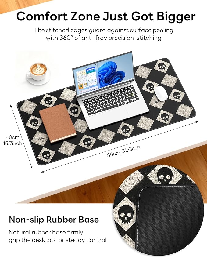 XL Gaming Mouse Pad, 31.5x17.5'' Large Desk Mat with Anti-Slip Rubber Base & Stitched Edges for Gaming, Office, Home - Cute Skulls