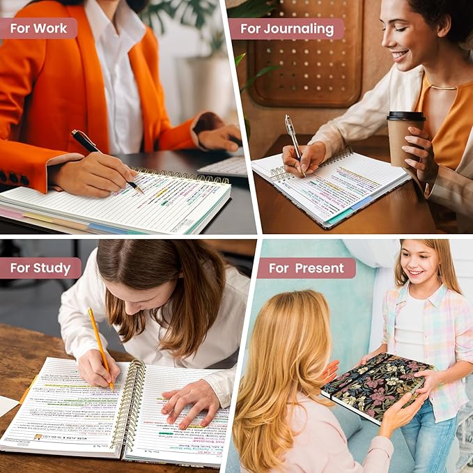 Large Spiral Lined Notebooks for Work with Removable Dividers & Tabs, 8.5"x11" Pretty Hardcover 5 Subject Notebook Journal for Women, College Ruled, Perfect for Study & Office Organization, 280 Pages, Vintage Iris