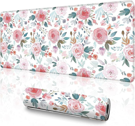 UJoowalk XL Extended Mousepad (35.3 x 15.7 Inch), Large Botanical Desk Mat, Pastel Pink Peony & Green Leaf Design, Waterproof Keyboard Surface, Aesthetic Work Accessories