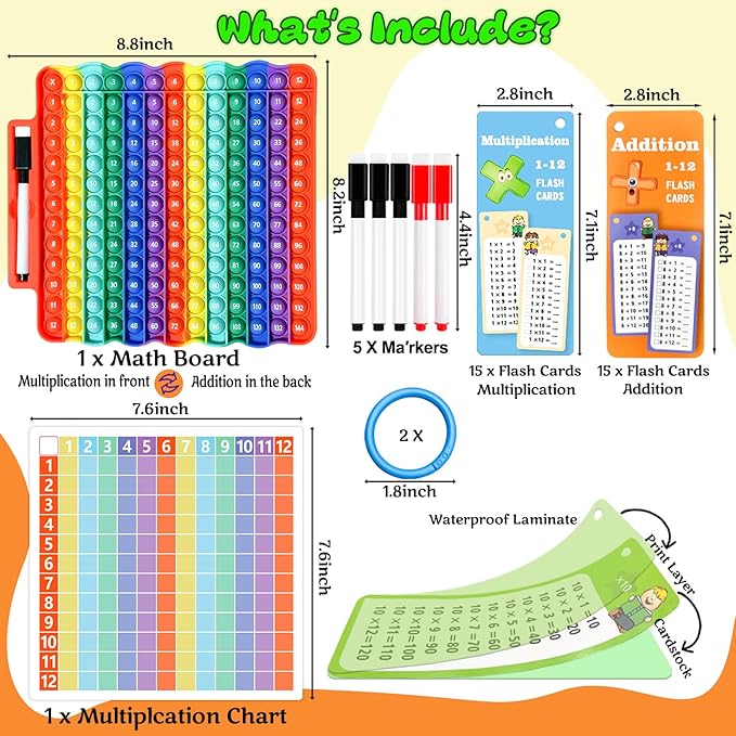 Addition Flash Cards + Multiplication Flash Cards + Math Board, Math Flash Cards & Chart, Times Table Manipulatives for Preschoolers 3rd,4th,5th,6th Grade
