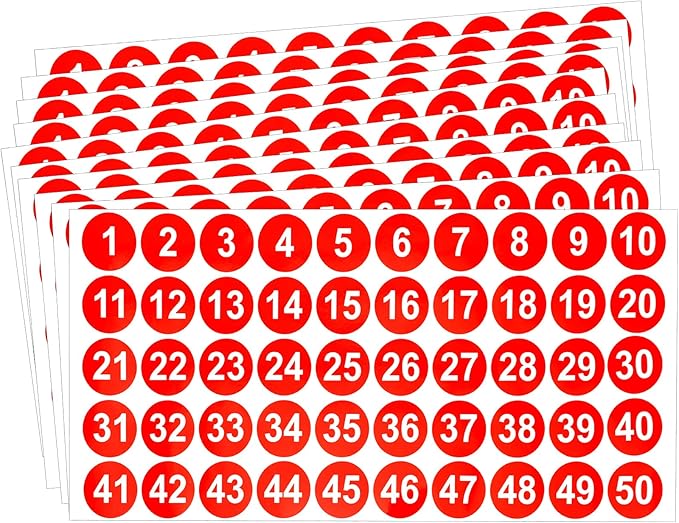 Number Stickers, Consecutive Number Stickers 1-50, 10 Sheets Round Numbers Labels, Red Small Number Sticker Vinyl Numbers Decals for Office, Classroom, Storage, Inventory, Indoor, Outdoor, 1 inch