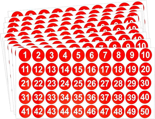 Number Stickers, Consecutive Number Stickers 1-50, 10 Sheets Round Numbers Labels, Red Small Number Sticker Vinyl Numbers Decals for Office, Classroom, Storage, Inventory, Indoor, Outdoor, 1 inch
