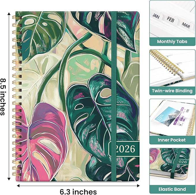 2026 Planner, Aesthetic Weekly and Monthly Planner for Women, Jan 2026 to Dec 2026, Hardcover 2026 Calendar Book with Monthly Tabs, Inner Pocket, Perfect for Office Home School - A5 (6.3" x 8.5"), Monstera