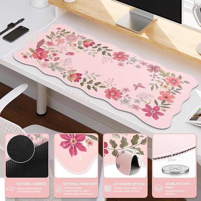 iCasso Desk Mat, Cute XXL Mouse Pad, Anti-Slip Big Mousepad with Stitched Edges, Keyboard and Mouse Mat (Pink)