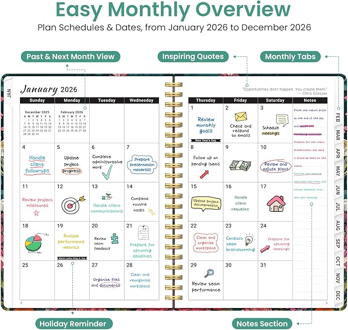 2026 Planner, Weekly and Monthly Planner for Women, January 2026 to December 2026, Pretty Hardcover 2026 Calendar Planner Book with Tabs, Inner Pocket, Spiral Bound, Perfect Office Home School Supplies - 6.3" x 8.5", Wildflower Reverie