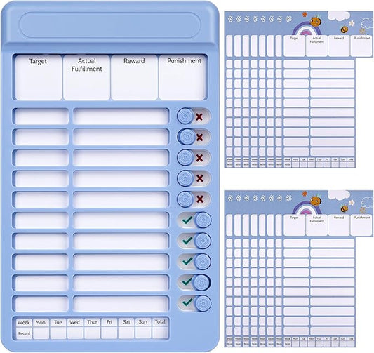 ADHD Kids Daily Schedule Reminder Punch Card Device, Boys & Girls Self-Discipline Trainer, Visual Habit Tracker with Replacement Record Sheets (Blue)