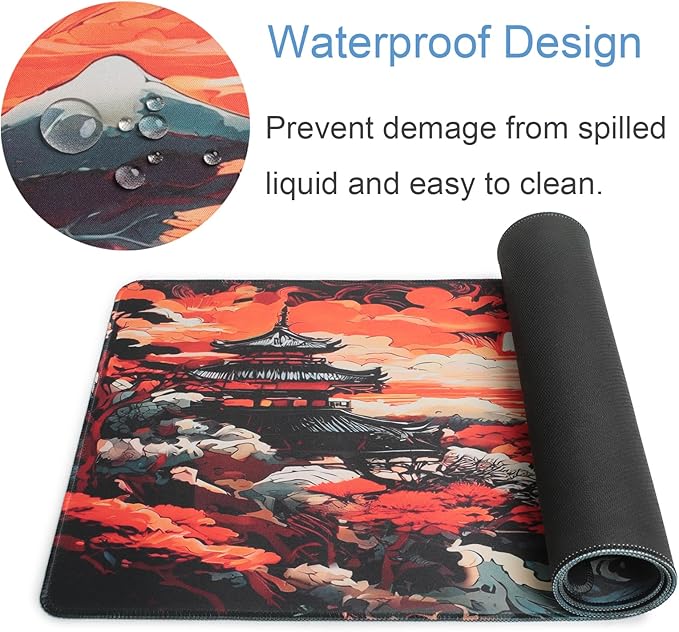 Manicer Japanese Sunset Wave Gaming Mouse Pad – Large Extended Mouse Mat with Pagoda Mountain Landscape, Smooth Control Surface, Non-Slip Rubber Base, Waterproof Mousepad for Office & Home