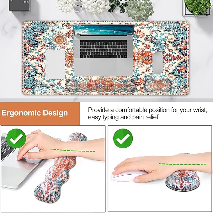iLeadon Keyboard Mouse Pad Set, Large Gaming Mouse Pad + Wrist Rest + Mouse Pad with Wrist Support + Coaster, Easy Typing Pain Relief, 35.4x15.7in Desk Mat for Home Office, Boho