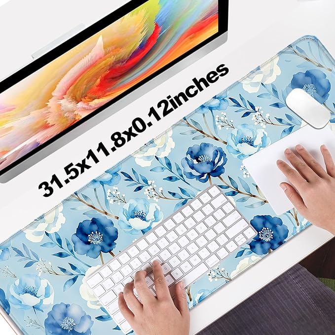 Watercolor Blue Floral XL Large Desk Mat, Extended Long Pretty Flowers Aesthetics Desk Pad for Gaming and Office, Non-Slip Rubber Base, Comfortable Surface Mouse Pad, 31.5x11.8 in (H10)