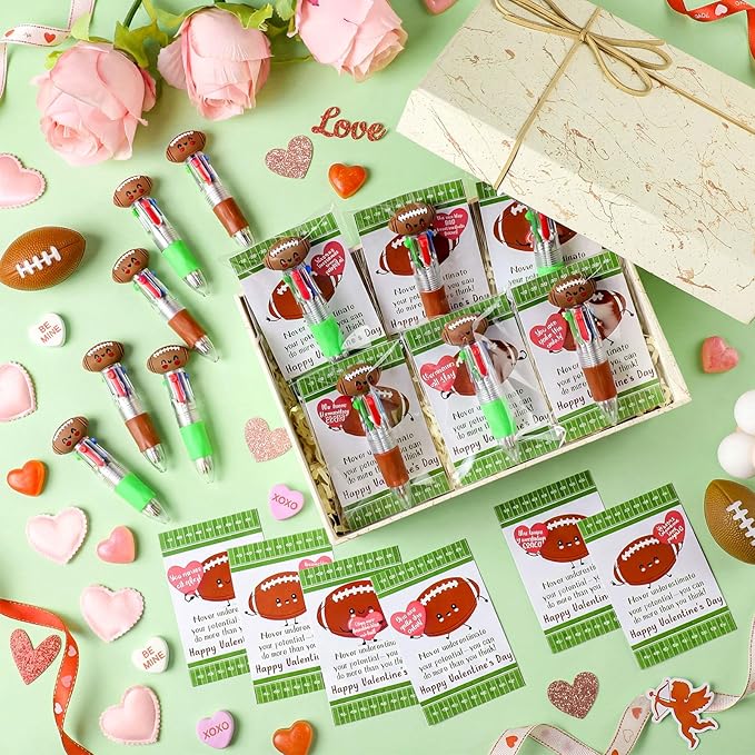 Colarr 24 Set Football Valentines Gifts Multicolor Pens with Positive Cards for Valentines Day Party Favors Classroom Prizes Students Football Team Goodie Bags Stuffers 4 in 1 Ballpoint Pens