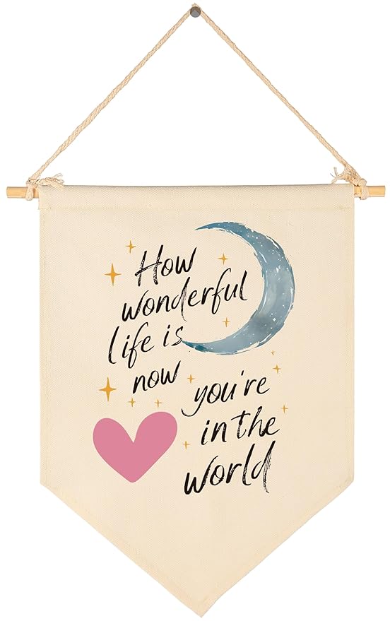 How Wonderful Life Is Now-Canvas Banner Flag Sign Pennant Poster Wall Decor Gift for Baby Boy Girl Kids Nursery Baby Room Above Crib Bedroom Playroom Door-Baby,Shower,Birthday Christmas Gift