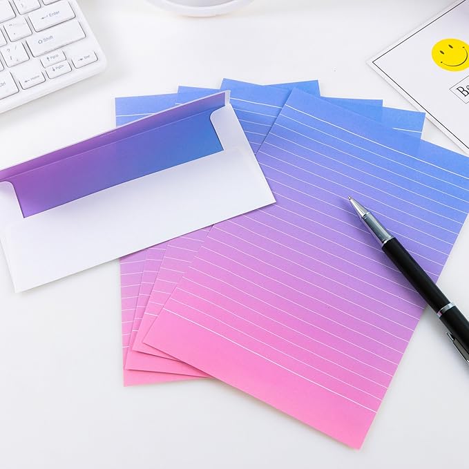 Stationery Paper and Envelope Set, 32 Stationery Paper for Writing Letters and 16 Matching Envelopes, Watercolor Writing Papers with Lines,4 Different Style(8.3x5.6)