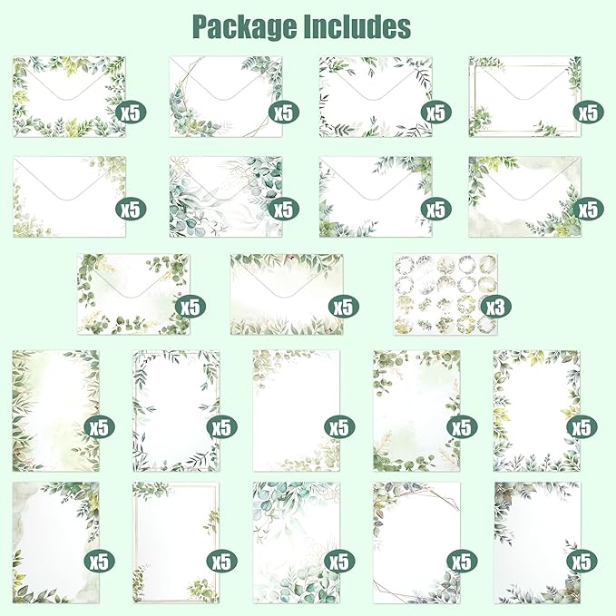 160 Pcs Eucalyptus Stationery Paper Set, 50 Stationary Paper 50 Envelopes 60 Round Dot Sticker