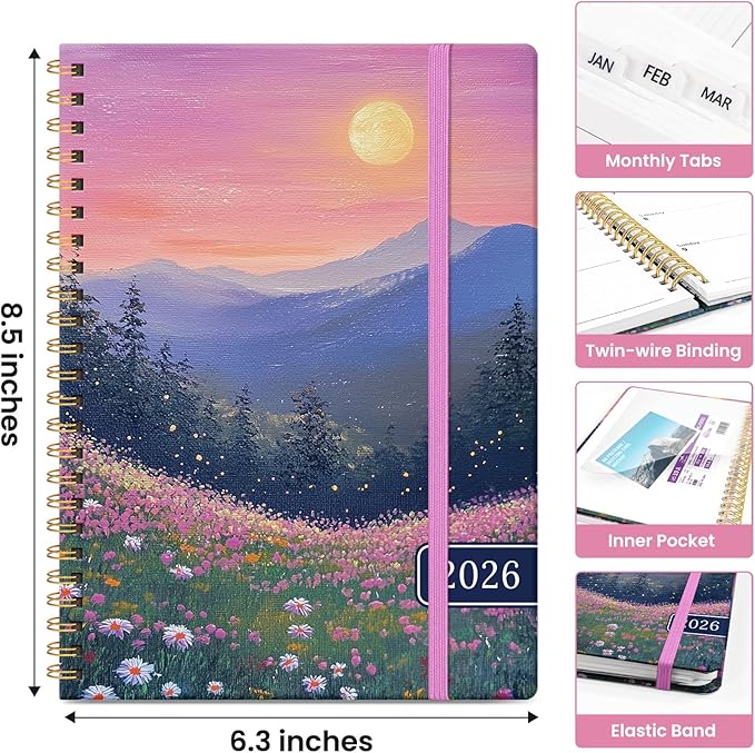2026 Planner, Weekly and Monthly Calendar Planner for Women, Jan 2026 - Dec 2026, Hardcover Planning Agenda book with Tabs, Spiral Bound, Inner Pocket, Perfect for School Office Supplies, 6.3" x 8.5" - Twilight Bloom
