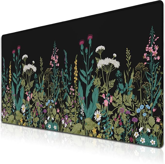 Gaming Mouse Pad Black XXXL Mousepad, Office Desk Pads Keyboard Mouse Pads, Pad for Mouse Non-Slip Rubber Base Waterproof with Stitched Edges, 35.4 X 15.7 in for Work/Game/Office Wildflower