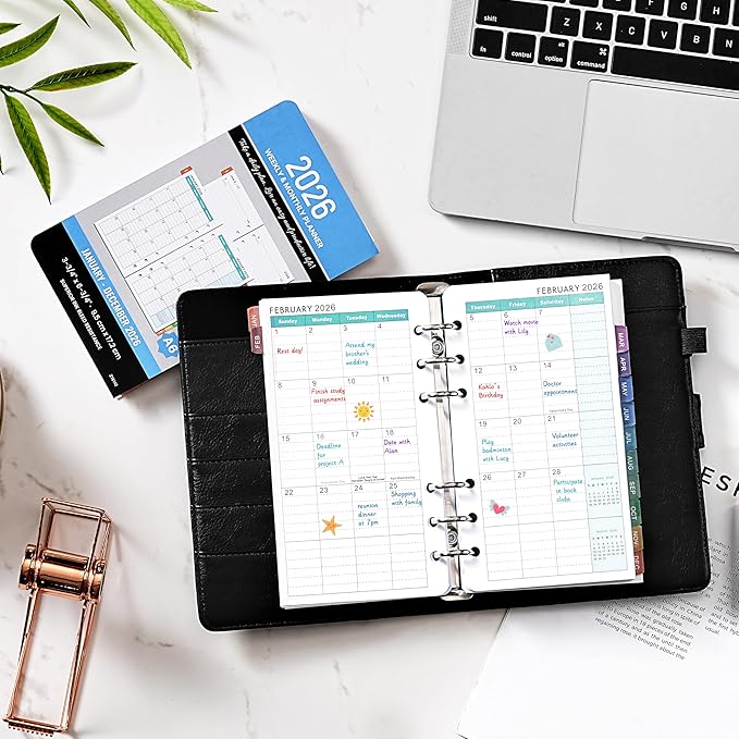 2026 Planner Refills - 4" x 7", A6 Weekly and Monthly Planner Inserts, Jan. 2026 - Dec. 2026, Planner Refills 2026, 6 Holes, Colorful Monthly Tabs