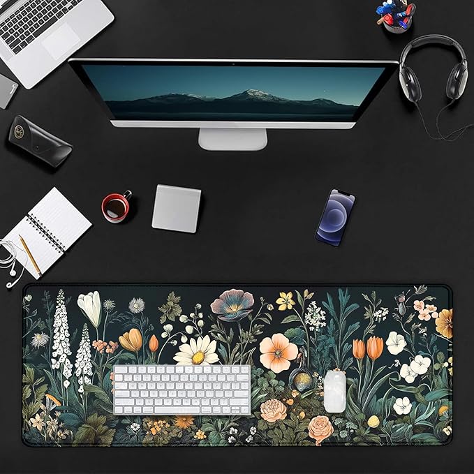 Vintage Wildflowers Floral Large Mouse Pad, Desk Mat Computer Keyboard Pad Non-Slip Rubber Base Waterproof with Stitched Edges for Laptop Gaming, Office & Home 31.5 x 11.8 Inch