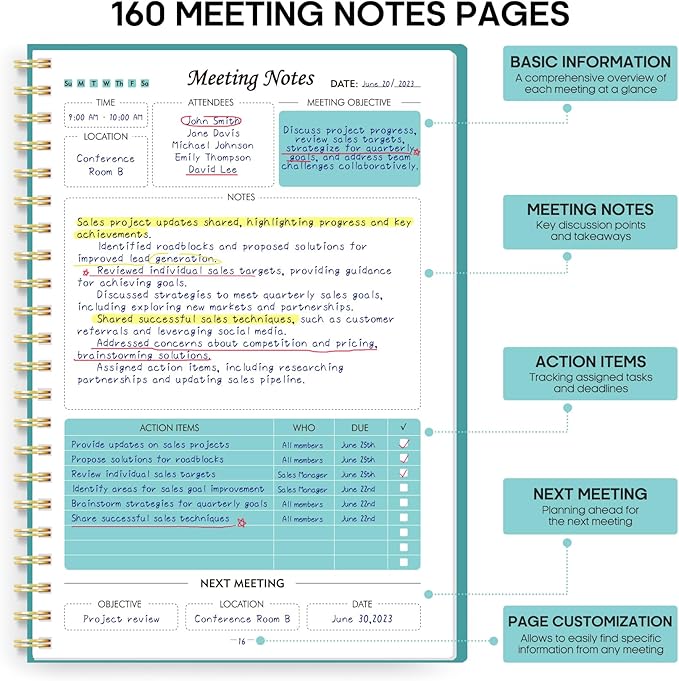 30 Pack of Meeting Notebook for Work Organization - Work Planner Notebook with Action Items, Agenda Planner for Note Taking, 160 Pages (6.9" X 9.9") Project Organizer for Men & Women - Blue