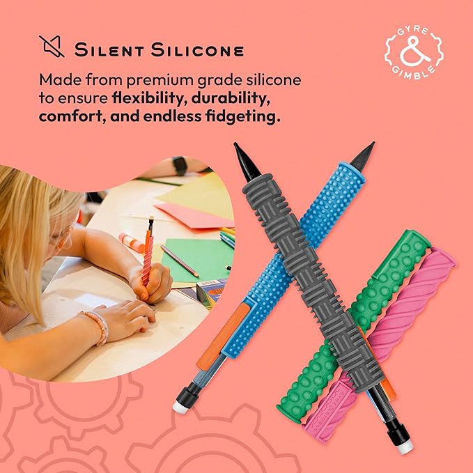 Gyre & Gimble Pencil Gidgets – Textured Silicone Pencil Sleeve for Quiet Fidgeting – Transform Your Mechanical Pencil into a Sensory ADHD Tool for Kids and Adults – 4 Sleeves & 2 Pencils